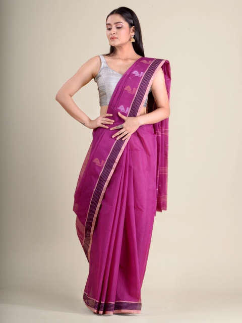 

Mitera Magenta & White Ethnic Motifs Zari Pure Cotton Taant Handloom Saree