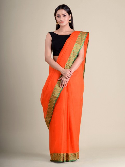 

Mitera Orange & Green Woven Design Zari Pure Cotton Taant Handloom Saree