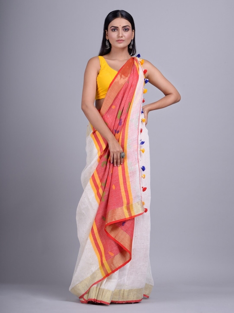 

Mitera Off White & Pink Floral Sequinned Pure Linen Handloom Saree