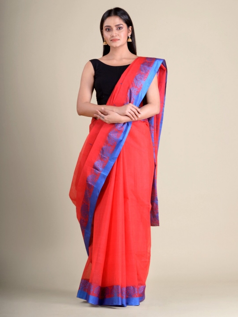 

Mitera Red & Blue Woven Design Zari Pure Cotton Taant Handloom Saree