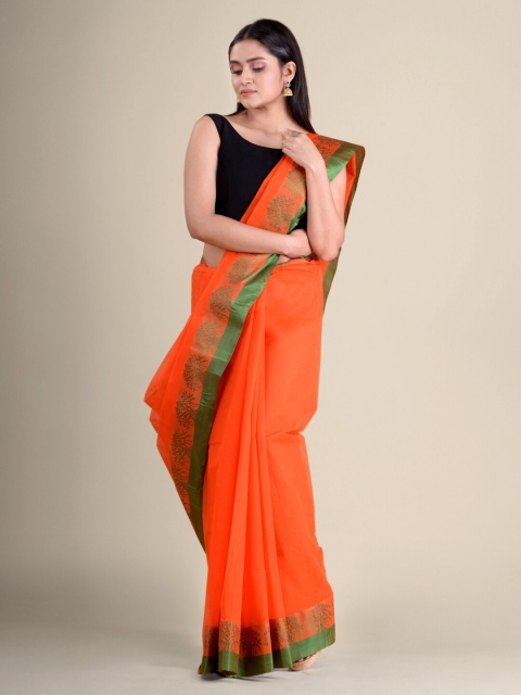 

Mitera Orange & Green Woven Design Zari Pure Cotton Taant Handloom Saree
