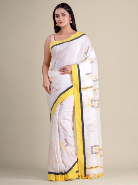 

Mitera White & Yellow Pure Cotton Handloom Saree
