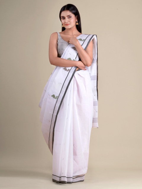 

Mitera White & Green Woven Design Zari Pure Cotton Taant Handloom Saree