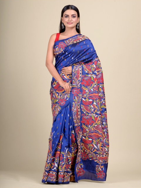 

Mitera Blue & Red Floral Zari Pure Silk Handloom Saree