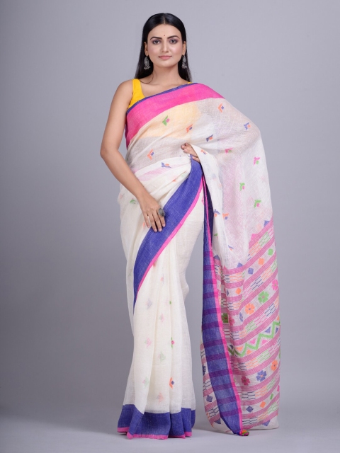 

Mitera Off White & Pink Floral Pure Linen Handloom Saree