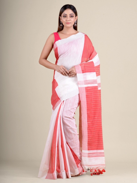 

Mitera White & Red Striped Zari Handloom Saree
