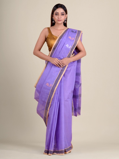 

Mitera Purple & White Floral Pure Cotton Taant Handloom Saree