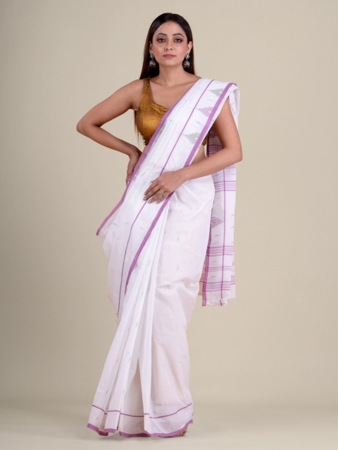 

Mitera White & Purple Woven Design Pure Cotton Taant Handloom Saree
