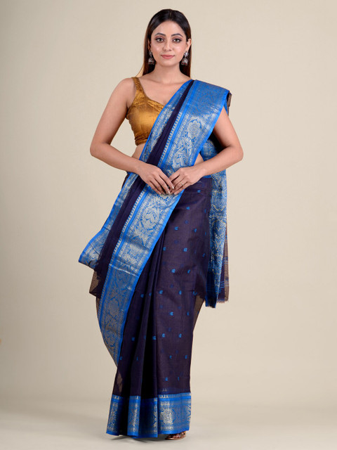 

Mitera Navy Blue Paisley Zari Pure Cotton Taant Handloom Saree