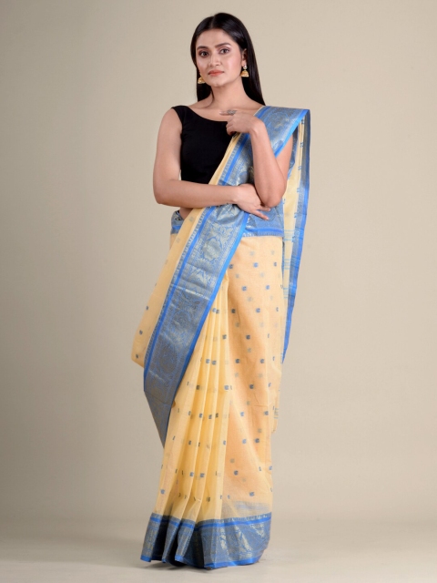 

Mitera Beige & Blue Paisley Zari Pure Cotton Taant Handloom Saree