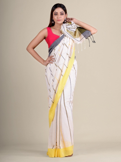 

Mitera White & Yellow Striped Pure Cotton Handloom Saree