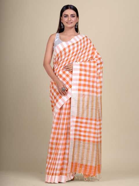 

Mitera Orange & White Checked Pure Cotton Handloom Saree