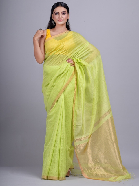 

Mitera Lime Green & Gold-Toned Checked Zari Silk Cotton Handloom Saree