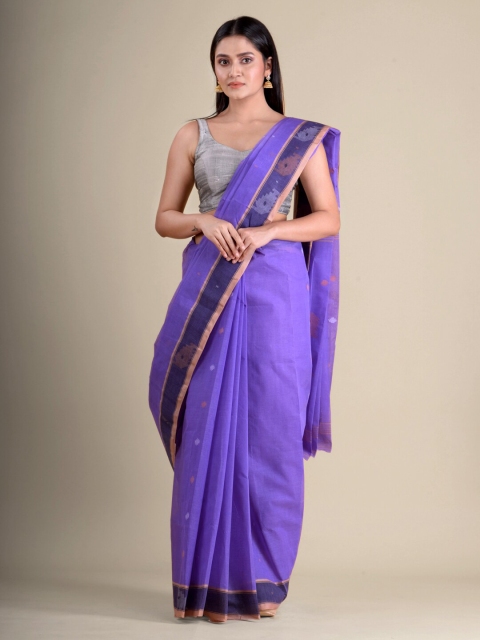 

Mitera Purple & Navy Blue Floral Zari Pure Cotton Taant Handloom Saree