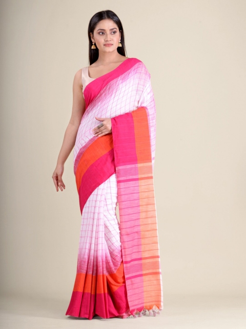 

Mitera White & Pink Checked Pure Cotton Handloom Saree