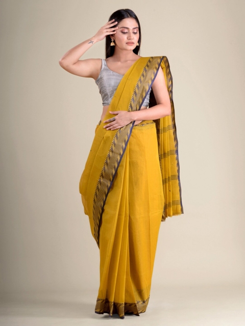 

Mitera Mustard & Navy Blue Woven Design Pure Cotton Taant Handloom Saree