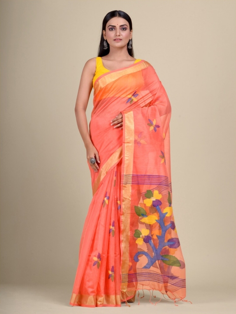 

Mitera Orange & Blue Floral Zari Silk Cotton Handloom Saree