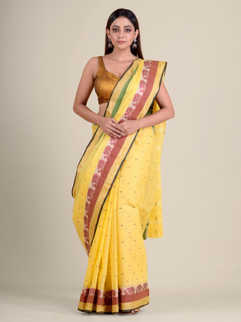 

Mitera Yellow & Maroon Woven Design Pure Cotton Taant Handloom Saree