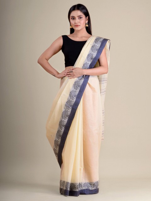 

Mitera Cream-Coloured & Black Woven Design Pure Cotton Taant Handloom Saree