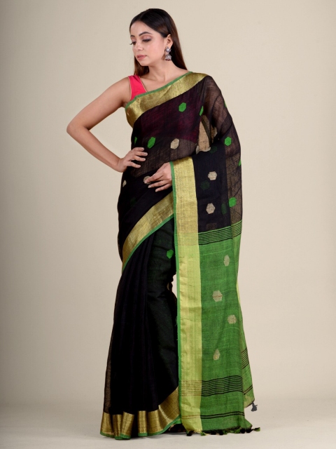 

Mitera Black & Green Woven Design Zari Pure Linen Handloom Saree