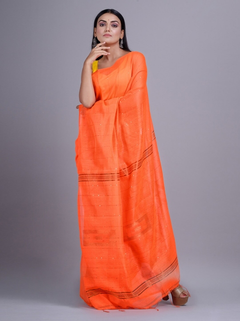 

Mitera Orange Woven Design Sequinned Handloom Saree