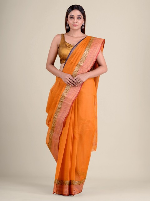 

Mitera Orange & Beige Woven Design Zari Pure Cotton Taant Handloom Saree