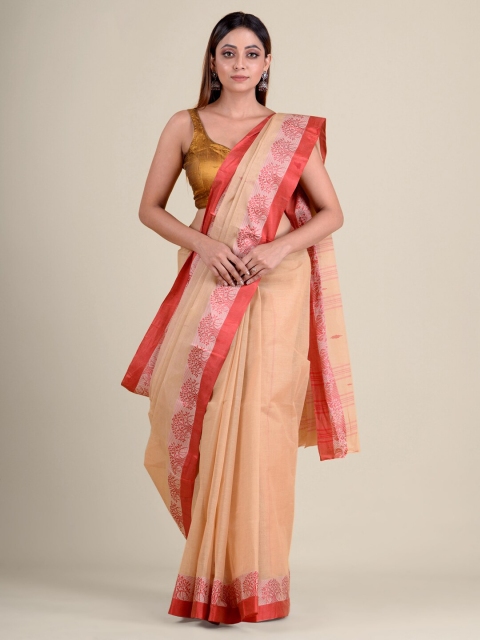 

Mitera Beige & Red Ethnic Motifs Pure Cotton Taant Handloom Saree