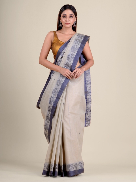 

Mitera Grey & Blue Woven Design Zari Pure Cotton Taant Handloom Saree