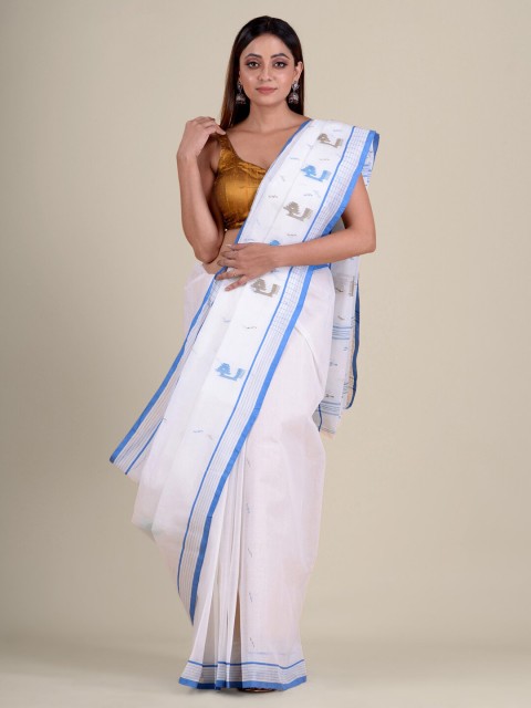 

Mitera White & Blue Zari Pure Cotton Taant Handloom Saree