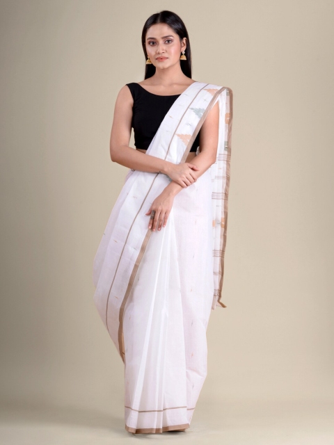 

Mitera White & Brown Woven Design Pure Cotton Taant Handloom Saree