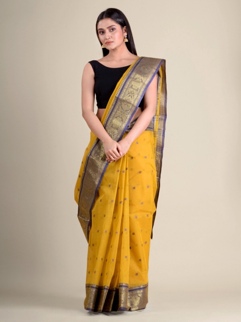 

Mitera Mustard & Gold-Toned Zari Pure Cotton Handloom Taant Saree