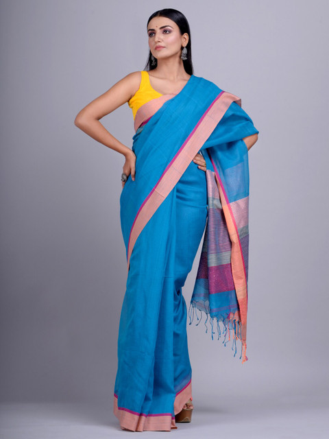 

Mitera Blue & Purple Striped Zari Silk Cotton Handloom Saree