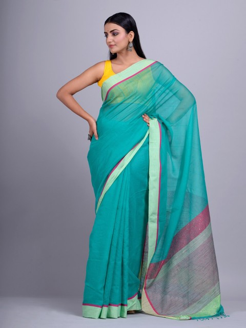 

Mitera Green & Pink Striped Silk Cotton Handloom Saree