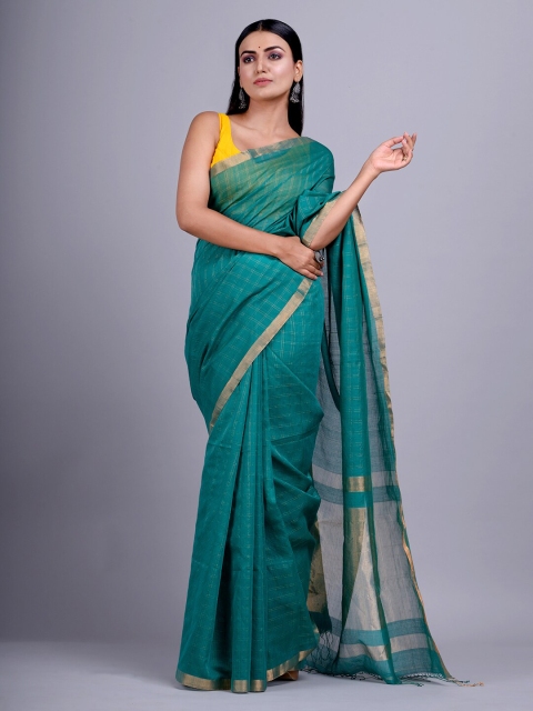 

Mitera Green & Gold-Toned Checked Zari Silk Cotton Handloom Saree
