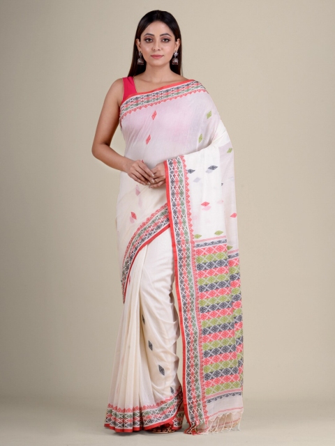 

Mitera White & Green Woven Design Pure Cotton Handloom Saree