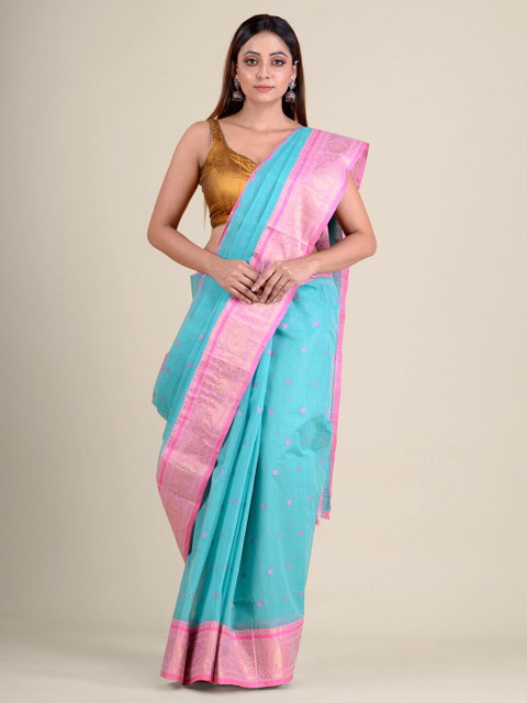 

Mitera Blue & Pink Floral Zari Pure Cotton Handloom Taant Saree