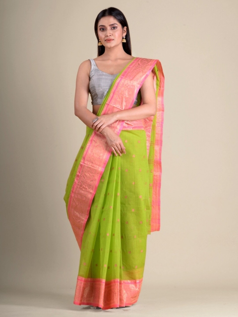 

Mitera Green & Gold-Toned Woven Design Zari Pure Cotton Handloom Taant Saree