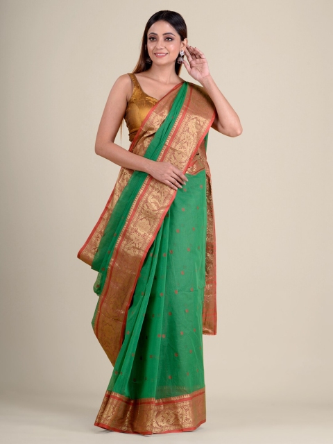 

Mitera Green & Gold-Toned Woven Design Zari Pure Cotton Handloom Taant Saree