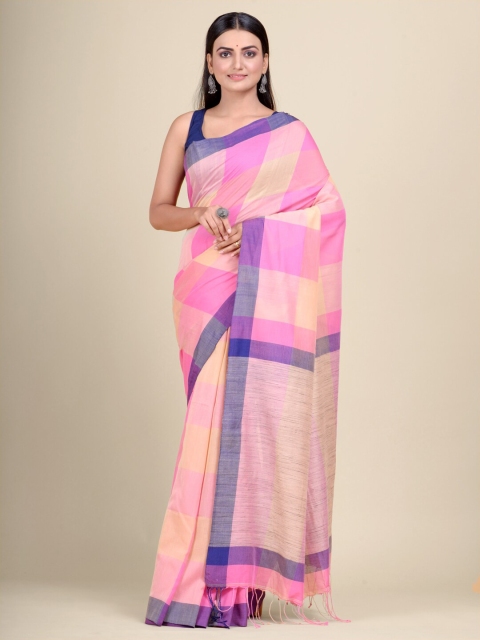 

Mitera Pink & Blue Checked Pure Cotton Handloom Saree