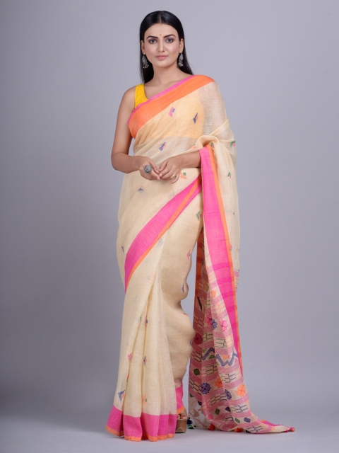 

Mitera Beige & Pink Woven Design Pure Linen Handloom Saree