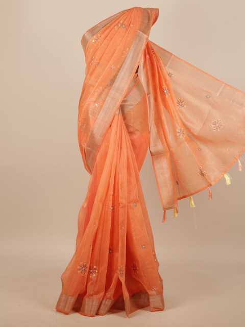 

Pothys Orange & Silver-Toned Floral Saree