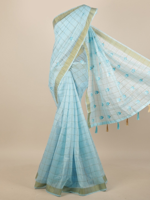 

Pothys Blue & Gold-Toned Checked Saree