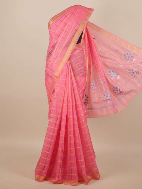 

Pothys Pink & Gold-Toned Checked Zari Saree