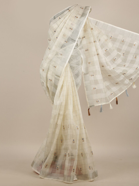 

Pothys Cream-Coloured & Brown Floral Linen Blend Saree