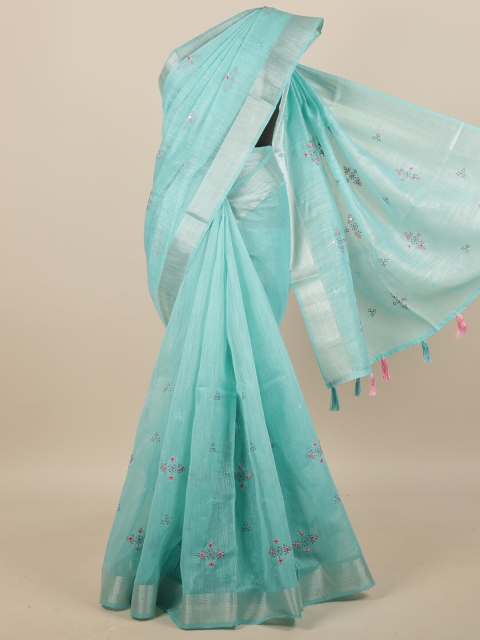 

Pothys Blue & Silver-Toned Floral Embroidered Saree