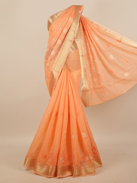 

Pothys Peach-Coloured & Gold-Toned Floral Saree
