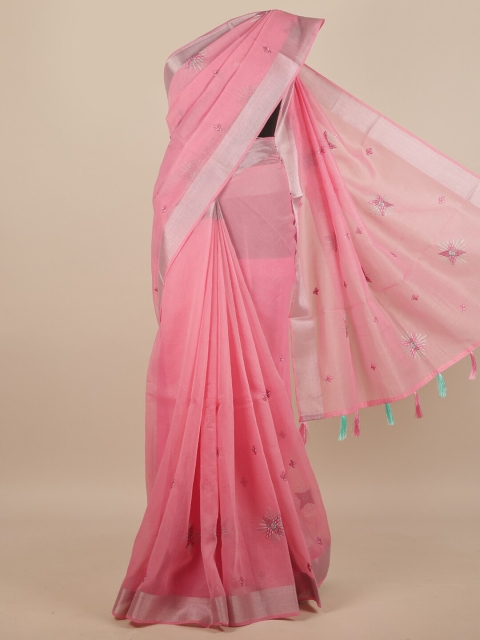 

Pothys Pink & Silver-Toned Floral Saree
