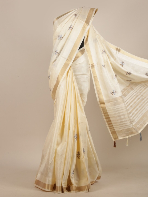 

Pothys Cream-Coloured & Grey Floral Zari Jute Silk Saree