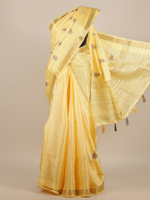 

Pothys Yellow & Gold-Toned Floral Jute Silk Saree