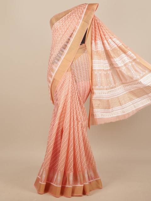 

Pothys Peach-Coloured & White Ethnic Motifs Saree